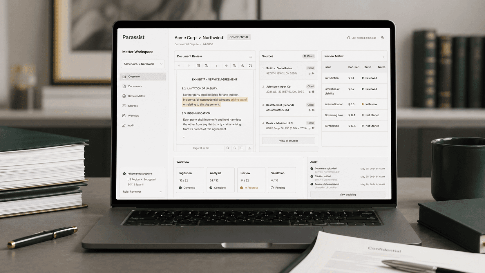 A Parassist matter workspace showing document review, source citations, review matrix, and private model policy controls.